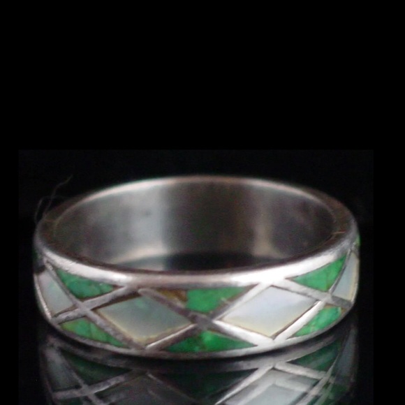 TAXCO Sterling Silver Green Turquoise Mother of Pearl HANDMADE Inlay Ring 12 - Picture 3 of 9